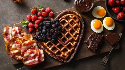 Fototapeta premium Heart-shaped waffle breakfast with fresh berries, bacon, and eggs on rustic board