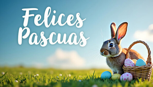 Tarjeta de Pascua con el texto "Felices Pascuas" &ndash; felicitaci&oacute;n en espa&ntilde;ol. P&oacute;ster con un conejo y una canasta de Pascua con huevos pintados.
