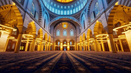 Naklejka premium Majestic Mosque Interior - Stunning interior view of a grand mosque, showcasing intricate architecture, elegant chandeliers, and a serene atmosphere