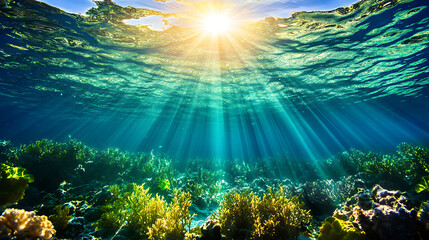 Obraz premium Dynamic water splash, bubbles, ripples, underwater light rays and tranquil ocean views