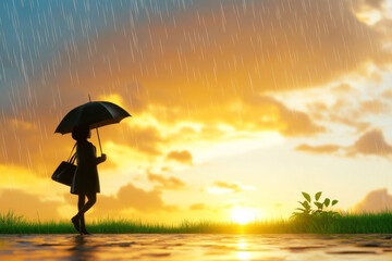 Sunset Rain Girl Umbrella Field - Silhouette of a girl with an umbrella walking in a field during a sunset rain. Symbolizing peace, solitude, resilience, hope, and the beauty of nature