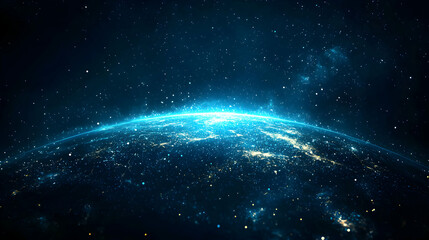 Obraz premium Abstract Dark Blue Space Background with Spherical Star Clusters and Light Flare