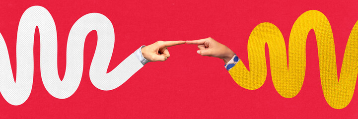 Two fingers touch from separate wavy pathways, symbolizing connection and bridging gaps in teamwork. Concept of communication, social interactions. Abstract art. Banner