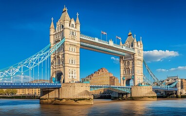 Obraz premium A magnificent bridge with timeless architectural design, standing proudly against a cloudless blue sky, capturing the essence of engineering and beauty in one frame