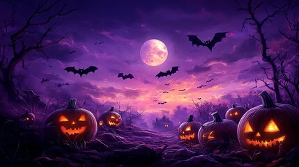 A vibrant Halloween scene with spooky jacko lanterns, swooping bats in the twilight, and a deep purple sky with a full moon casting shadows