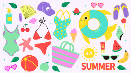 Summer set for sticker. Colorful summer elements. Modern isolated vector illustration.