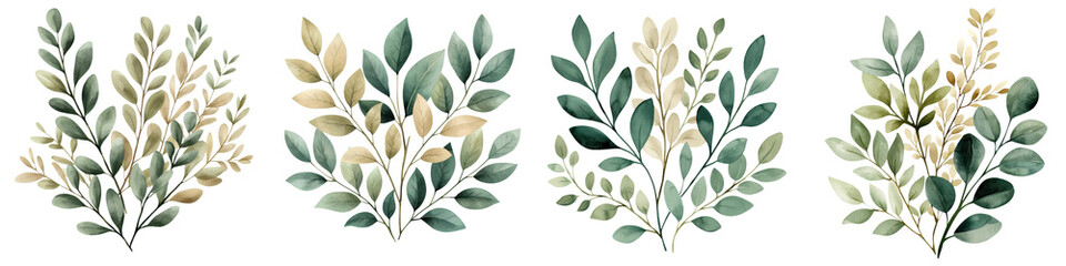 Elegant collection of beautiful green and golden botanical branches  Various plant leaves foliage and twigs in natural organic patterns and textures  Flat lay vector digital