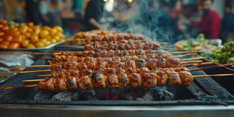 Naklejka premium Turkish street food vendor grilling meat skewers on barbecue in istanbul