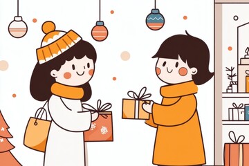 Holiday gift exchange between two friends in a cozy decorated indoor setting with festive decorations and cheerful atmosphere