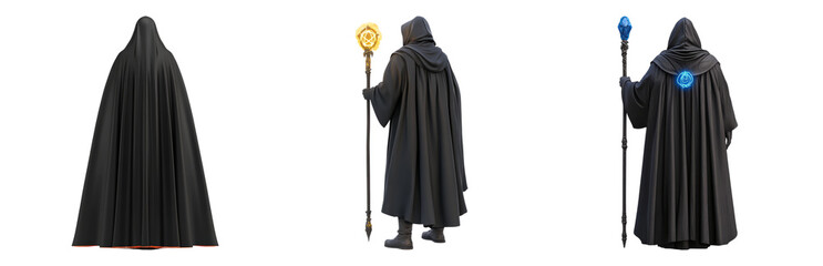 Naklejka premium Mysterious Figure in Cloak with Magic Staffs Isolated on transparent background