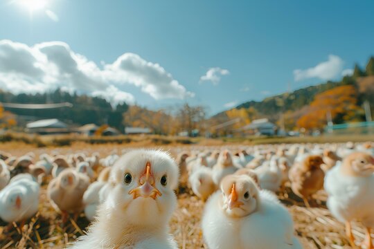 chickens in a farm field on a sunny day