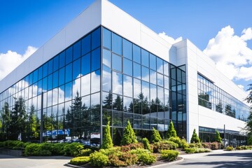 Obraz premium Modern Building Exterior - A modern building showcasing sleek design, sustainability, corporate success, growth, and innovation
