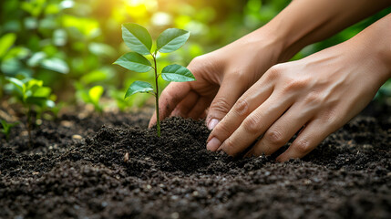 Fototapeta premium Hands planting a sapling in rich soil, garden background, environmental conservation