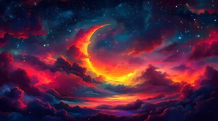 Fiery Crescent Moon Above a Dreamlike Cloudscape