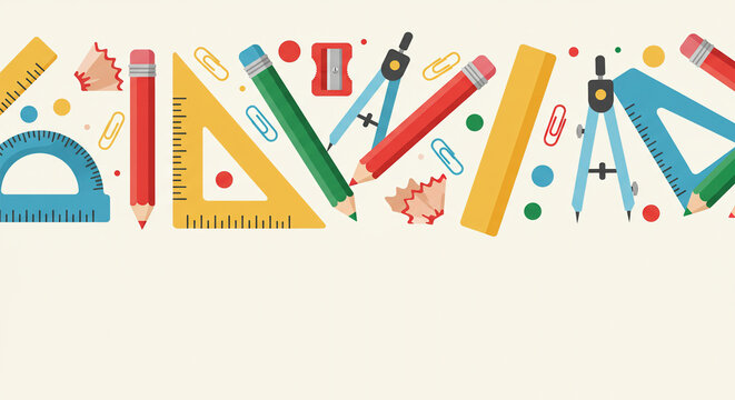 A flat style illustration of a horizontal decorative border composed of school supplies, each illustrated with smooth, bold colors. The items, including colorful pencils, rulers