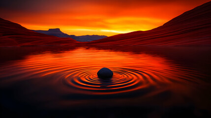 Abstract Lake at Sunset with Reflection of Cubic Hills and Dark Spherical Object with Vibrant Orange Sky