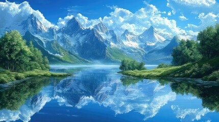 Fototapeta premium Majestic fantasy landscape with towering mountains reflecting on a crystal-clear lake, creating a serene and dreamlike atmosphere