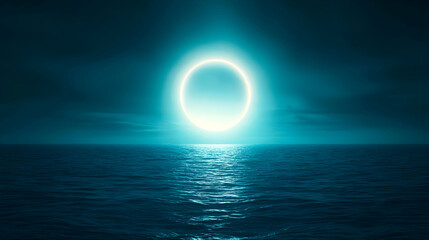 Abstract Luminous Circle Over Calm Ocean in a Dark Blue Night with Sparkling Reflections