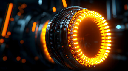 Abstract Metallic Machine Core with Glowing Orange Lights in a Dark Industrial Background