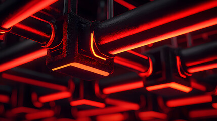 Abstract Metallic Pipes with Red Illumination for Futuristic Technology Network