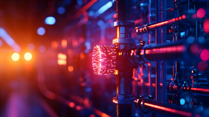 Abstract Metallic Pipelines with Blue and Red Illumination Industrial Technology