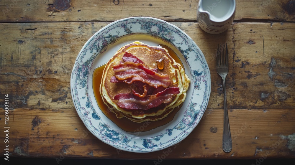 Poster A stunning overhead view of a breakfast table featuring pancakes topped with crispy bacon and maple syrup, creating a warm and inviting morning scene