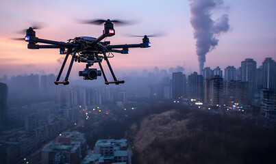 Naklejka premium Drone Aerial View of City Skyline at Dawn