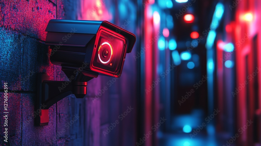 Poster a stunning shot of a high-tech cctv camera with infrared capabilities, set against a backdrop of a d