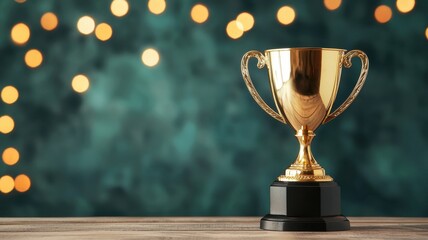 Golden Award Trophy on Wooden Table with Teal Bokeh Background Achievement Success Victory
