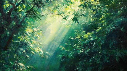 Obraz premium Morning sunbeams shining through soft green leaves, evoking a peaceful and refreshing feeling