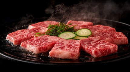 A tempting image of marbled steak cuts on a grill, sizzling and surrounded by smoke, capturing the deliciousness of cooking fresh meat