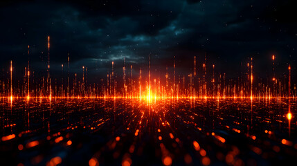 Abstract Orange Lights Streaks Against Dark Sky and Cloudscape Background with Modern Futuristic Design Elements