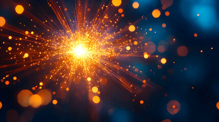 Abstract Orange Light Burst with Bokeh Effect on Dark Blue Background