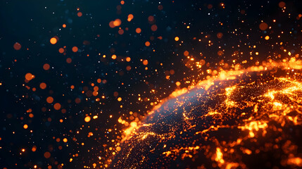 Abstract Orange Sphere with Bokeh Lights on Dark Blue Background