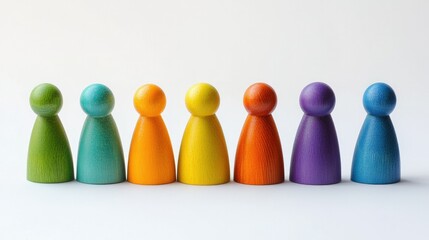 Rainbow-hued wooden figurines standing in a circle on a white background, promoting diversity and togetherness