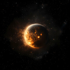 Abstract Planet with Glowing Orange Surface and Starry Background in Deep Space