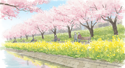 Obraz premium 春 桜と菜の花の風景を散歩するシニア層のシンプル背景イラスト 顔なし 表情なし Simple background illustration of elderly people taking a walk in a landscape of cherry blossoms and rape blossoms in spring No face No expression