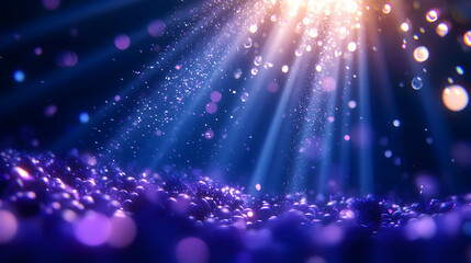 Abstract Purple Glitter Background with Golden Light Rays and Blurred Bokeh