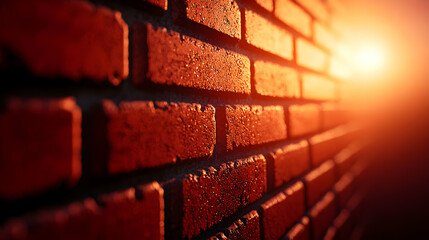 Abstract Red Brick Wall Texture Background with Evening Sunlight and Detailed Brickwork