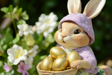 A detailed Easter Bunny scene of a bunny in a soft purple bonnet, gathering golden eggs in a spring garden.