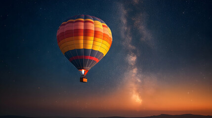 Fototapeta premium Hot air balloon night flight, Milky Way backdrop, adventure travel