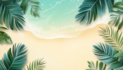 Tropical paradise scene with palm leaves beach setting digital art serene atmosphere aerial view relaxation concept