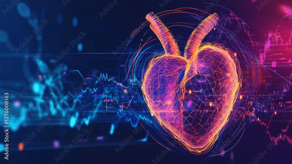 Poster a vibrant heart wave chart displayed on a digital interface, with pulsing animations that capture th