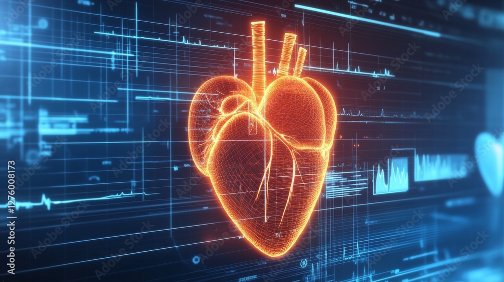 Poster a vibrant heart wave chart displayed on a digital interface, with pulsing animations that capture th