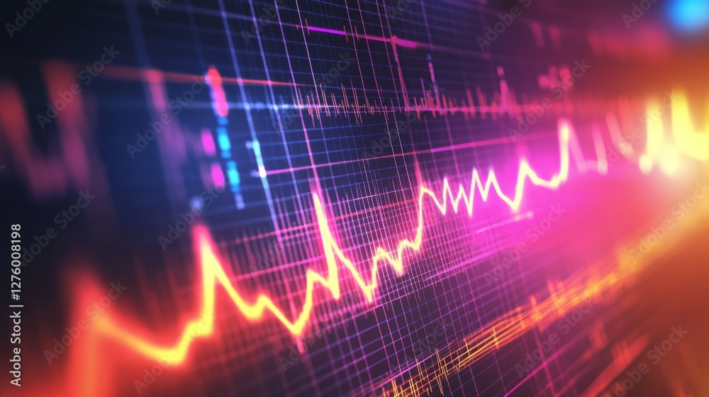 Poster a vibrant heart wave chart displayed on a digital interface, with pulsing animations that capture th