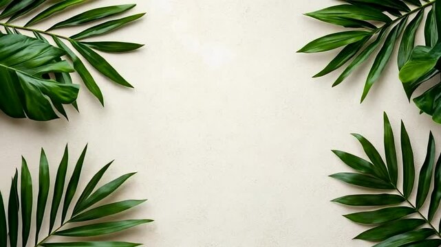 Tropical palm leaves border on beige background, nature-inspired minimalist design, perfect for summer or vacation themes