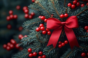 Festive Holiday Decoration with Red Berries and Bow on Evergreen Branches