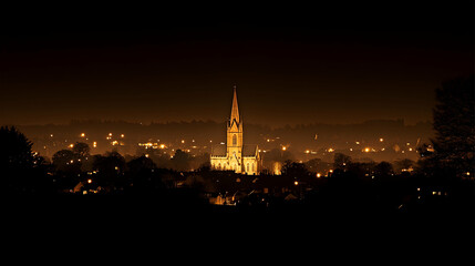 Obraz premium Illuminated Cathedral at Night, Hilltop View, Cityscape Background, Peaceful Night Scene, Stock Photo