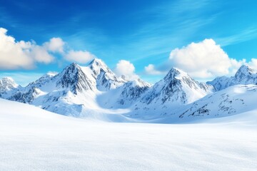 Obraz premium Majestic Winter Mountain Range - Stunning panoramic view of snow-covered mountains under a bright blue sky, perfect for winter landscapes, travel, and nature backgrounds