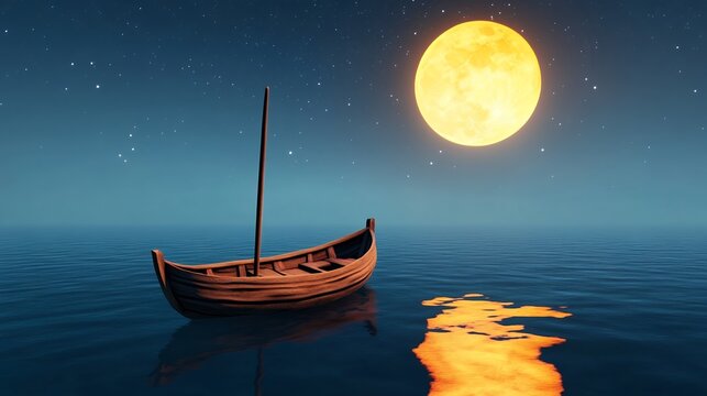 Serene Night Scene: Small Wooden Boat on Calm Sea Underneath a Large Golden Full Moon and Starry Sky - Powered by Adobe